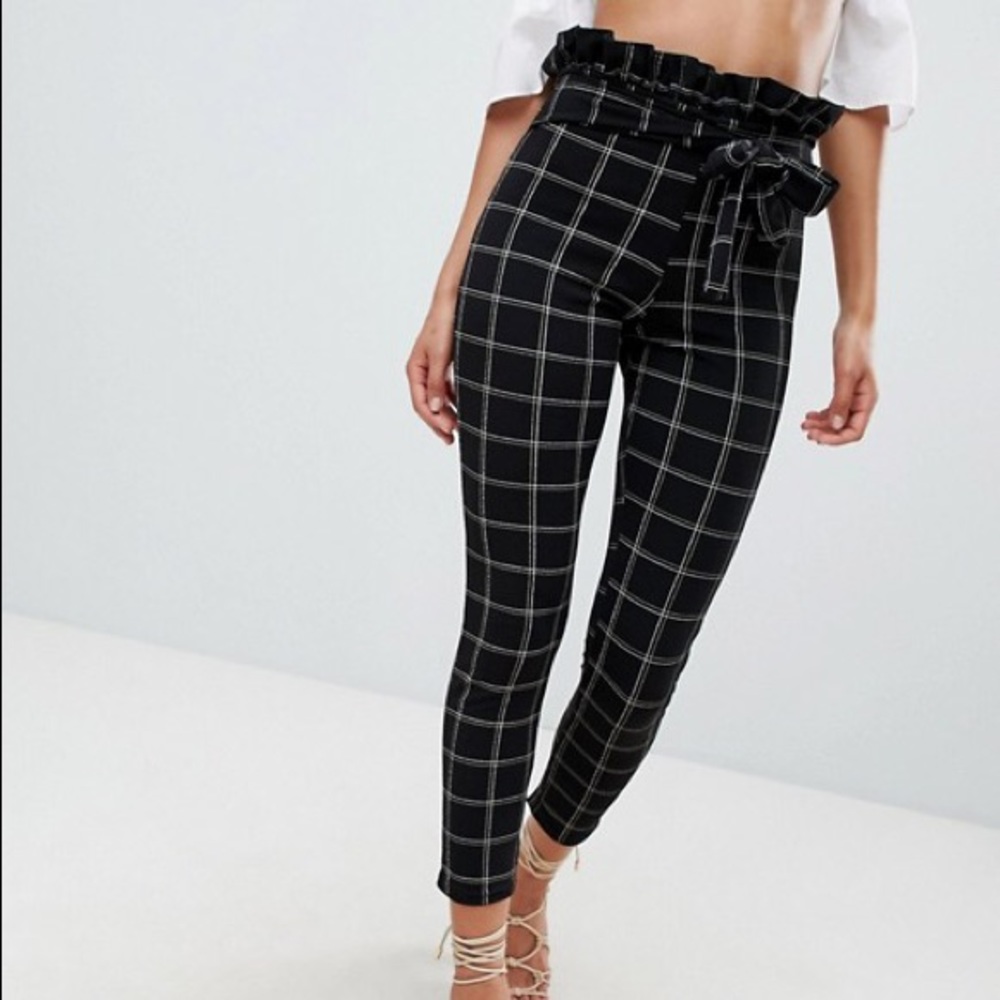 Tie Plaid High Waisted Pants